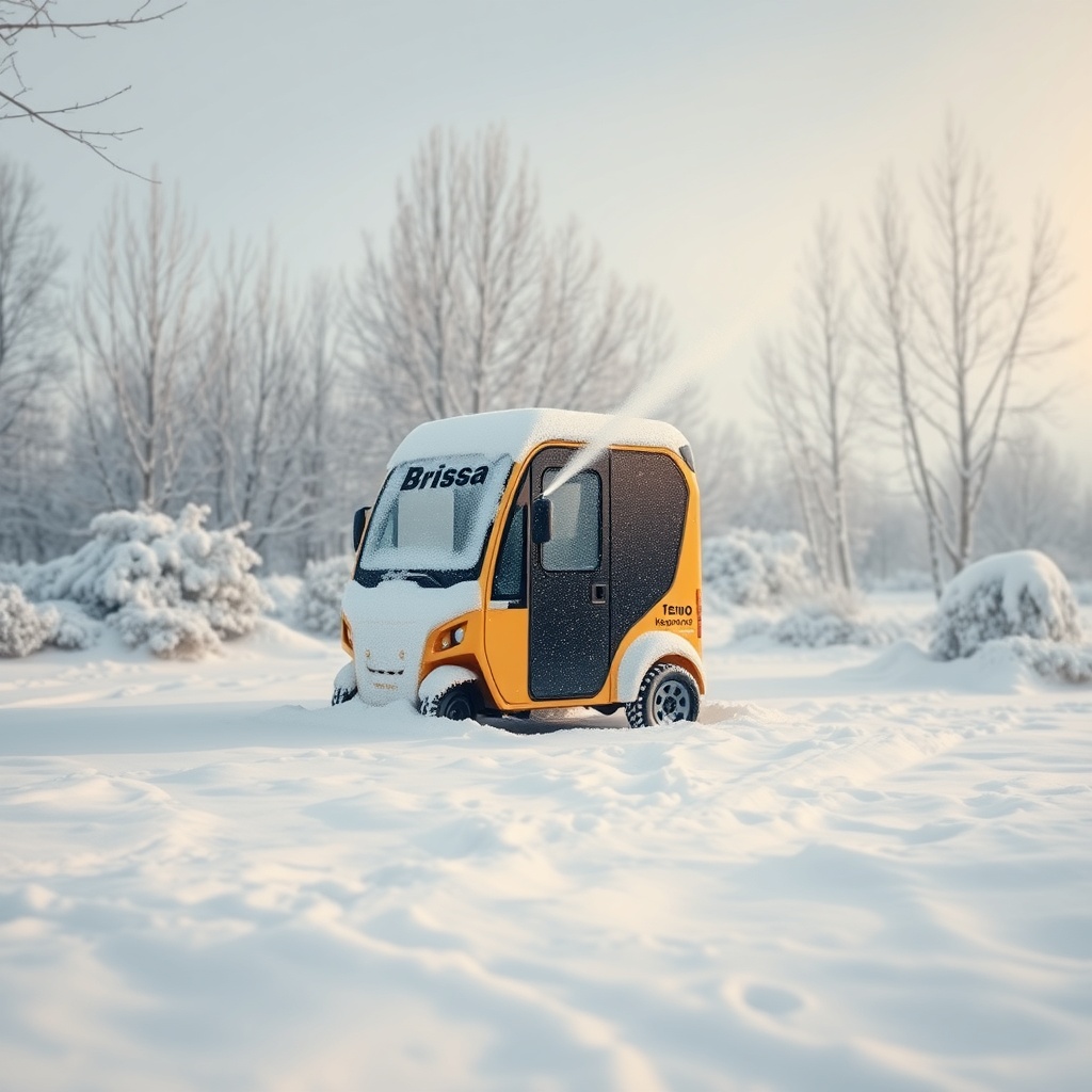 <clean photorealistic photo/illustration of a winter outdoor scene showing a Brisa Kepenk