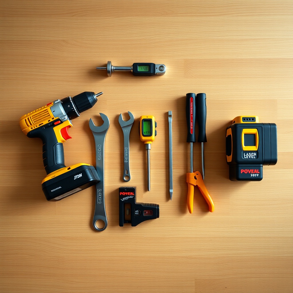 A clean flat lay on a wooden table showing a cordless drill