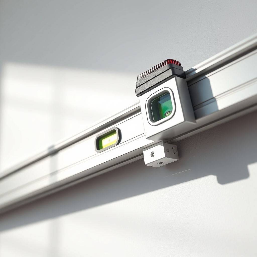 A close-up photorealistic view of an aluminum guide rail being aligned with a spirit level
