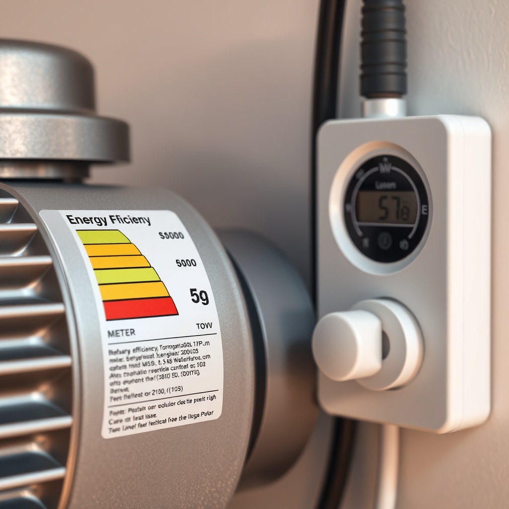 <close-up photorealistic photo of a modern kepenk motor with energy efficiency label