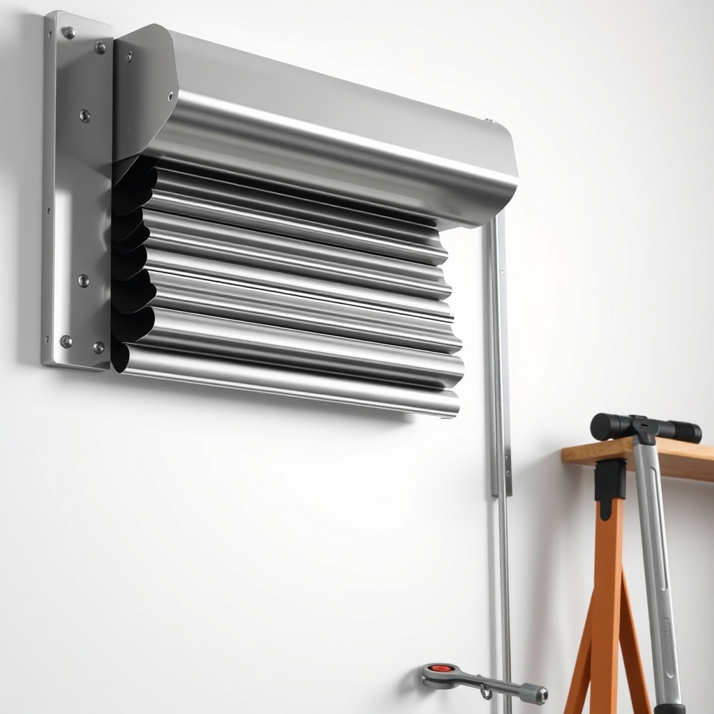 <clean photorealistic photo/illustration of a metal roll shutter being mounted on a wall b