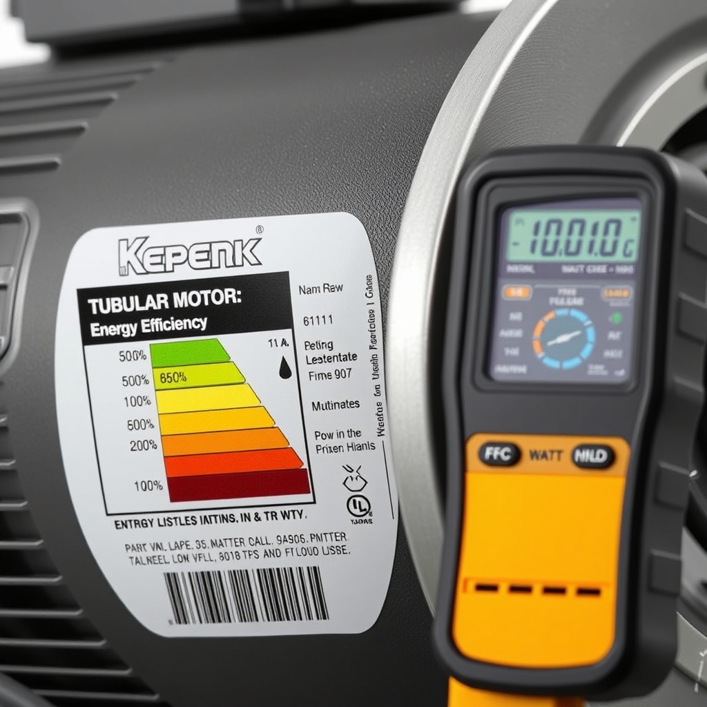 Close-up of a modern tubular kepenk motor next to an energy efficiency label