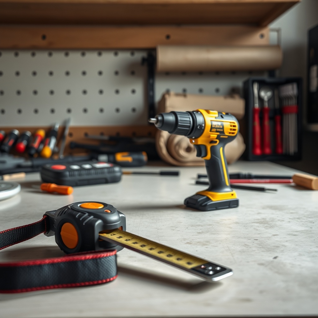<clean photorealistic photo showing a well-organized workbench with measuring tape