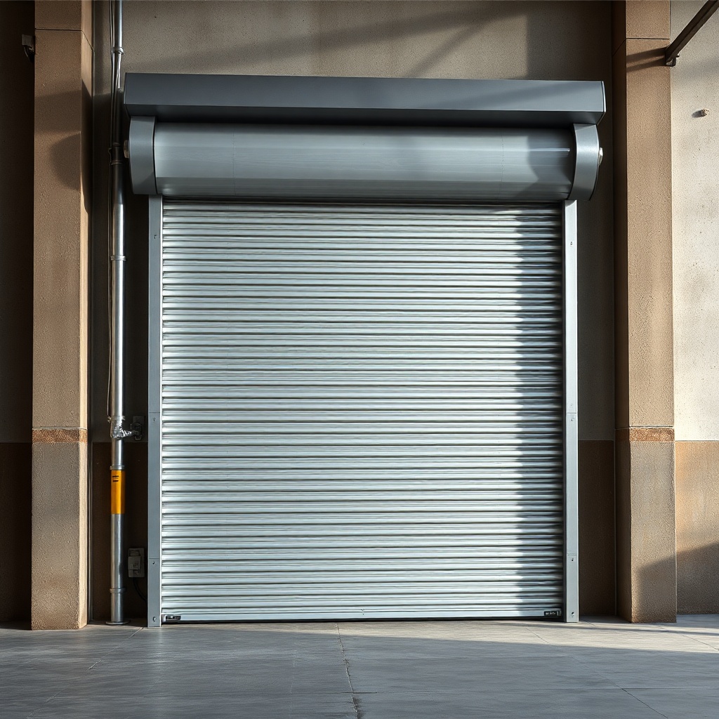 A photorealistic close-up of a Körfez Kepenk Fuga 2000 industrial roller shutter in a ware