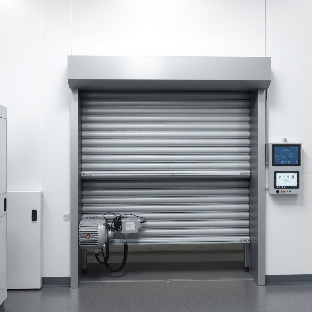 A photorealistic illustration of a Körfez Kepenk Fuga 2000 roller shutter during a perform