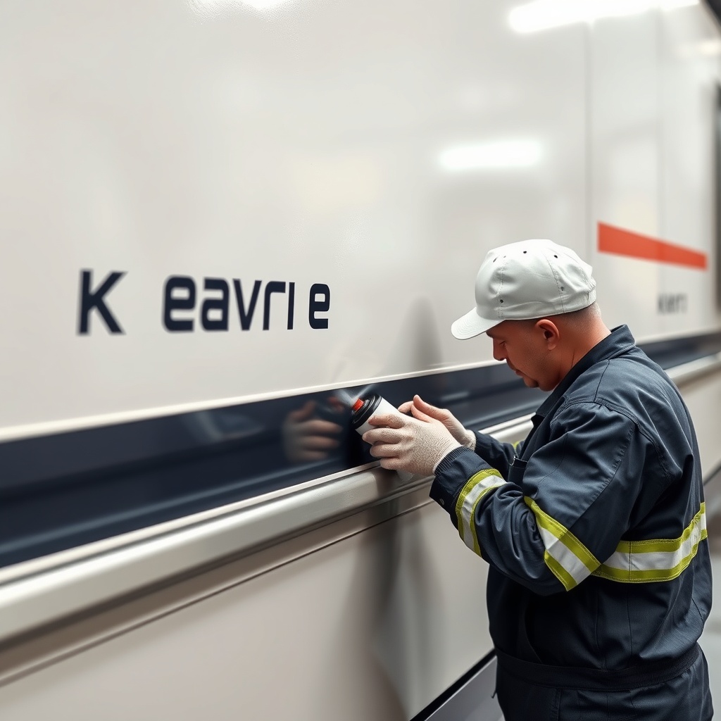 <Clean photorealistic photo of a Körfez Kepenk Fuga 2000 panel oiling process