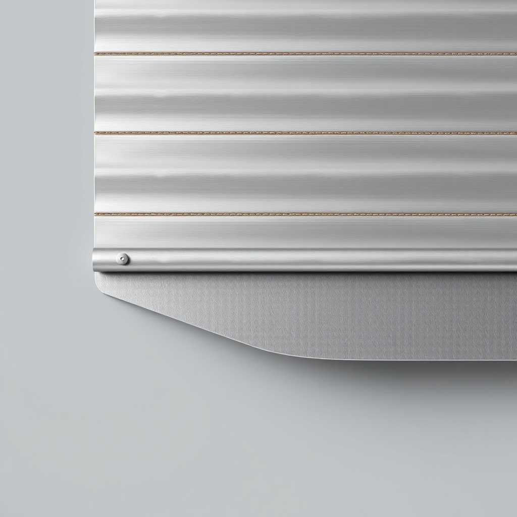 A clean photorealistic close-up of a galvanized steel roll-up door panel with slight brush