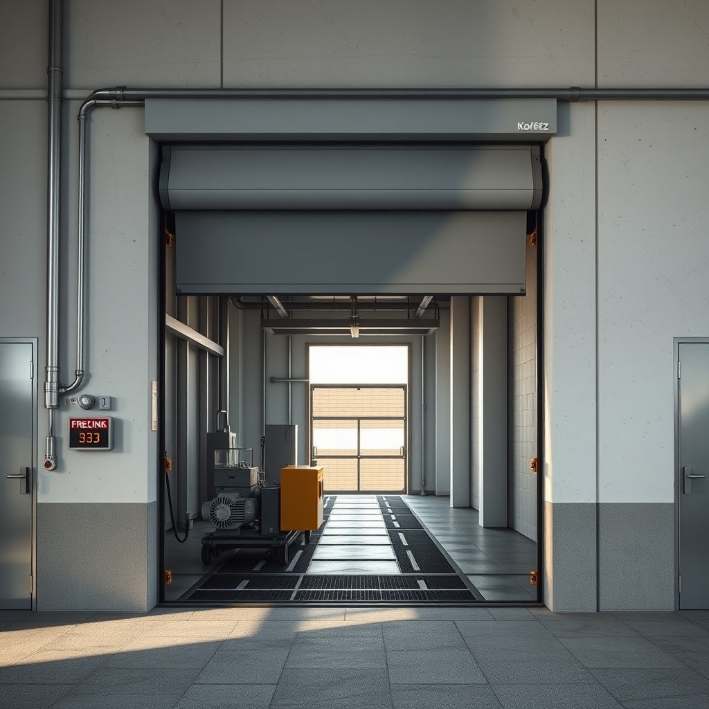 A photorealistic shot of a small industrial workshop entrance with the Körfez Kepenk Fuga